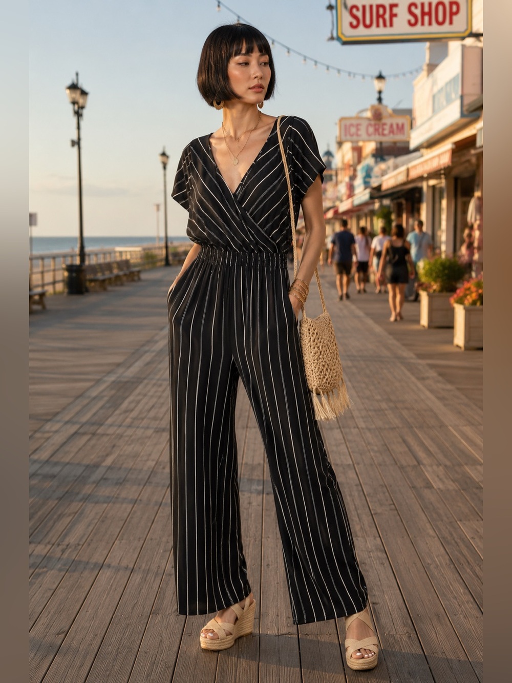 Express Black White Striped Wide Leg Jumpsuit Size S/P